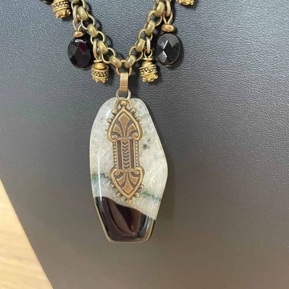 Vintage Penguin Agate Statement Necklace Brass Tone Beads Artisan Folk Nature